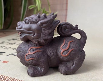 Ceramic qilin Sculpture for Tea Lovers,Animal Enthusiasts Kirin Unicorn Figurine Ornament Yixing zisha Purple Clay Tea Pet table decor PiYao