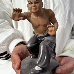 Chinese Shiwan Mudman Figurine Antique Late 19th Shiwan Ware Mudman Pottery Art Tang Dynasty Tai Chi Master Kung Fu Pottery gifts.