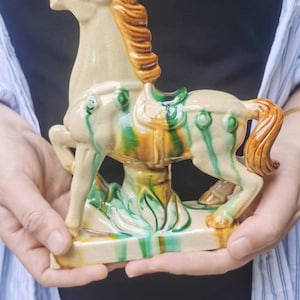 7&quot; Exquisite Old Chinese Ceramics Tang Sancai Pottery War-horse Statue, Ancient China Tang Horse porcelain carved Feng Shui Decor zodiac .h5