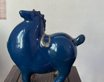 Exquisite Ceramic blue horse Sculpture for Tea Lovers and Animal Tang Horse zodiac horse Figurine Ornament Fengshui ,Glaze Porcelain Horse .