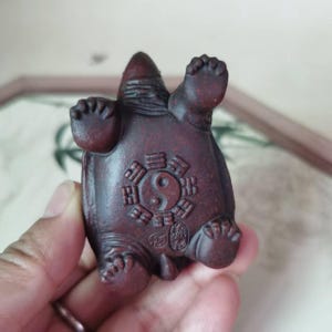 May include: A small, reddish-brown turtle figurine with its underside facing up. The turtle has detailed feet and a head. The underside features a Yin and Yang symbol surrounded by Chinese characters. The figurine is held by a person.