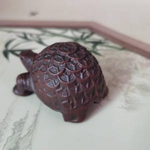 May include: A small, intricately carved wooden turtle figurine in a rich, dark brown hue. The turtle's shell features a detailed, textured pattern. The figurine is positioned on a light-coloured surface with a subtle, blurred background.