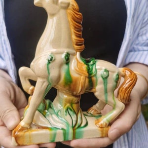7&quot; Exquisite Old Chinese Ceramics Tang Sancai Pottery War-horse Statue, Ancient China Tang Horse porcelain carved Feng Shui Decor zodiac .h5