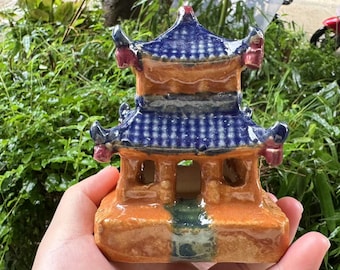 Eastern pavilion gazebo Ceramic Miniature Pagoda Tower Wen chang Tibet Hand-Painted  Shiwan Blue porcelain Zen Fairy Garden kiosk decor W357
