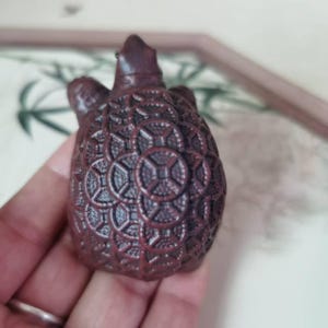 May include: A small, dark brown turtle figurine with a detailed, patterned shell. The turtle's shell features a repeating circular design. The figurine is held in a hand, suggesting its small size. The turtle's head and limbs are visible.