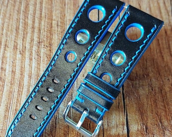 Handmade Vegtan Leather Racing Watch Strap: Black & Blue Stitch