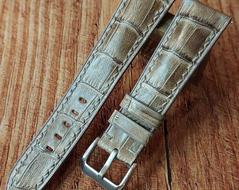 Embossed Crocodile (calfskin) Leather Watch Strap: Smoke Grey Custom Band, Handmade watchstrap