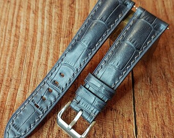 Embossed Crocodile (Calfskin) Leather Watch Strap: Smoke Blue Custom Band, Handmade leather watchstrap