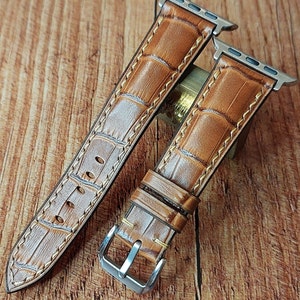 Tan Embossed Alligator(Crocodile)Leather Watchstrap/Strap for Apple iWatch 38,40,41mm-42,44,45mm and 49mm with Smart Watchstrap Connectors