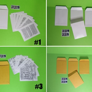 May include: Four images showing envelopes, documents, and stamps against a green background. The first image shows a white envelope, a stack of papers, and a sheet of stamps. The second image shows white envelopes and stamps. The third image shows a manila envelope, papers, and stamps. The fourth image shows manila envelopes and stamps.