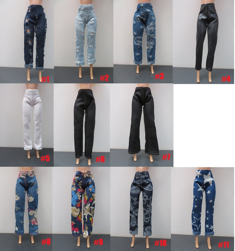 May include: Collection of doll-sized pants in various styles and colors. Includes distressed denim, black leather-look, white, and black pants. Some feature floral or star patterns. Each pair is displayed on a doll form.