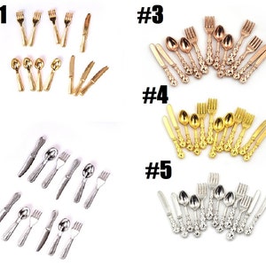 12 pcs Metal Dessert Silverware Utensil Fashion Doll 1:12 Scale Dollhouse Silverware Utensil 11.5 inch Fashion Doll size Miniature Food