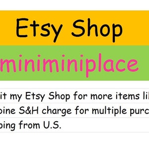 May include: A graphic with the text "Etsy Shop" in black, above "miniminiplace" in pink. The background is divided into yellow and green sections. Additional text below encourages visits to the Etsy shop.