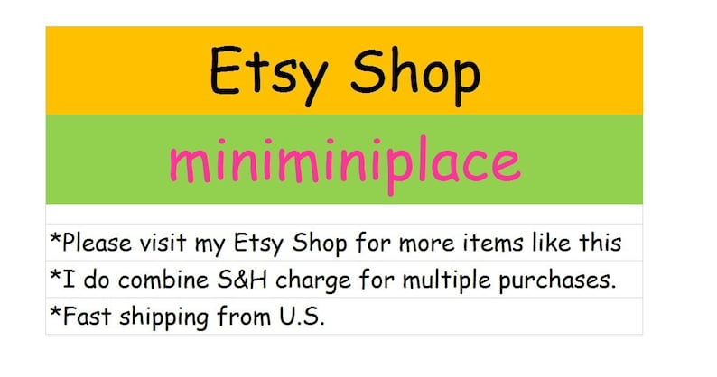 May include: A graphic with the text "Etsy Shop" in black, above "miniminiplace" in pink. The background is divided into yellow and green sections. Additional text below encourages visits to the Etsy shop.