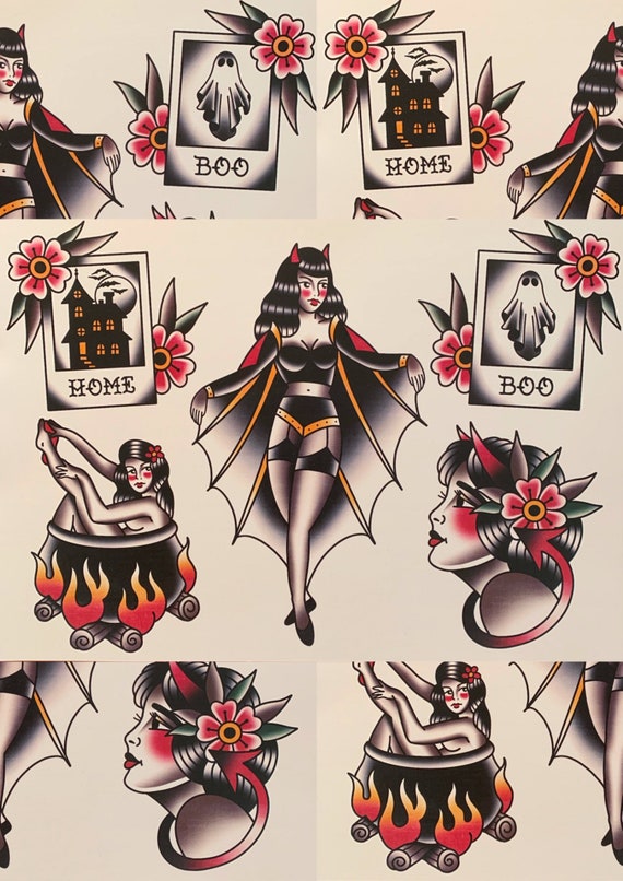 Tattoo uploaded by Steven Candelario  Tattoo flash ladies sanantonio  sanantoniotattooaetist traditional traditionaltattoo oldlines  eternalcouragerattoo nstmaryastrip halloween pinupgirl  Tattoodo