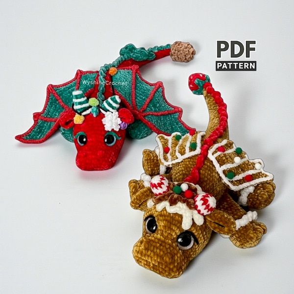 Patrón de ganchillo de dragón navideño, 2 en 1: dragón de jengibre y dragón de árbol, peluche amigurumi para decoración navideña del hogar.