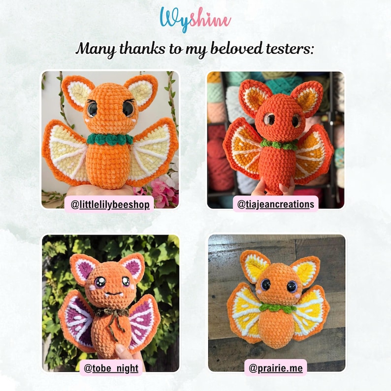 Fruit bat amigurumi plushie collection for Halloween crochet projects, autumn decor, nursery accents, and market prep