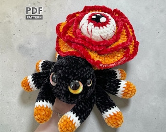 Häkelanleitung für eine Rosenaugenspinne (PDF), Halloween-Amigurumi-Häkelmuster, gruselig-niedliche Blumenspinnen-Dekoration
