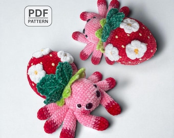 May include: Three crocheted strawberry octopus toys. Two are red with white flower accents and green leaves. The other is pink with red accents. The toys have black eyes and are on a white background. The words "PDF PATTERN" are in a white box in the upper left corner.