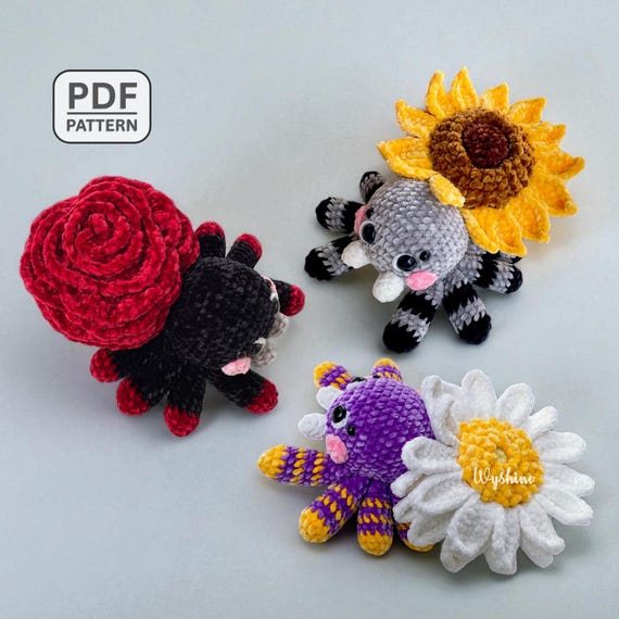 Flower Spider Crochet Patterns, Plushie Amigurumi Patterns For Halloween Decoration & Valentine Gifts
