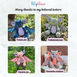 May include: A collage of four crocheted dragon plush toys with wings, horns, and light-coloured bellies. The text reads "Wyshine" and "Many thanks to my beloved testers:" with social media handles @cozee.mar, @stitchingbyjane, @prairie.me, and @brumelle.creations.