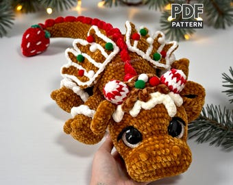 Gingerbread Dragon Crochet Pattern, Christmas Amigurumi Plushie Patterns - English, Holiday Home Decor & Toy Gifts
