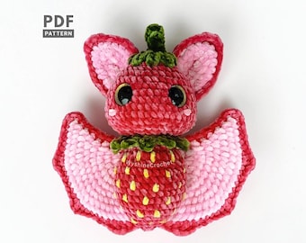 Patrón de ganchillo de murciélago de fresa, peluche amigurumi de Halloween adorable y espeluznante en PDF, decoración de otoño