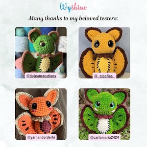 May include: Four crocheted bat plushies in green, yellow, and orange colors with large dark eyes and wing details. The image includes the text "Wyshine" and "Many thanks to my beloved testers:" along with social media handles for each creator.