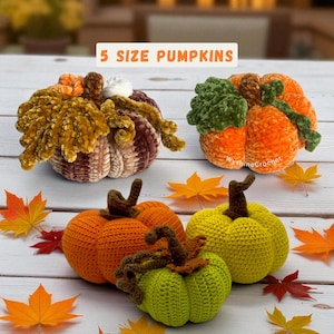 Peut inclure: Plusieurs citrouilles crochetées de différentes tailles et couleurs, dont orange, jaune et vert. Les citrouilles ont des tiges marron et sont décorées de feuilles. Le texte "5 SIZE PUMPKINS" est visible.
