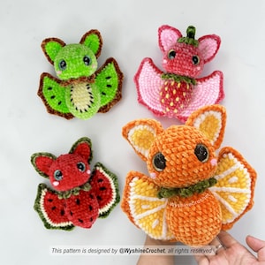 Spooky cute Halloween crochet bat patterns PDF featuring four fruit bat amigurumi designs in soft chenille yarn