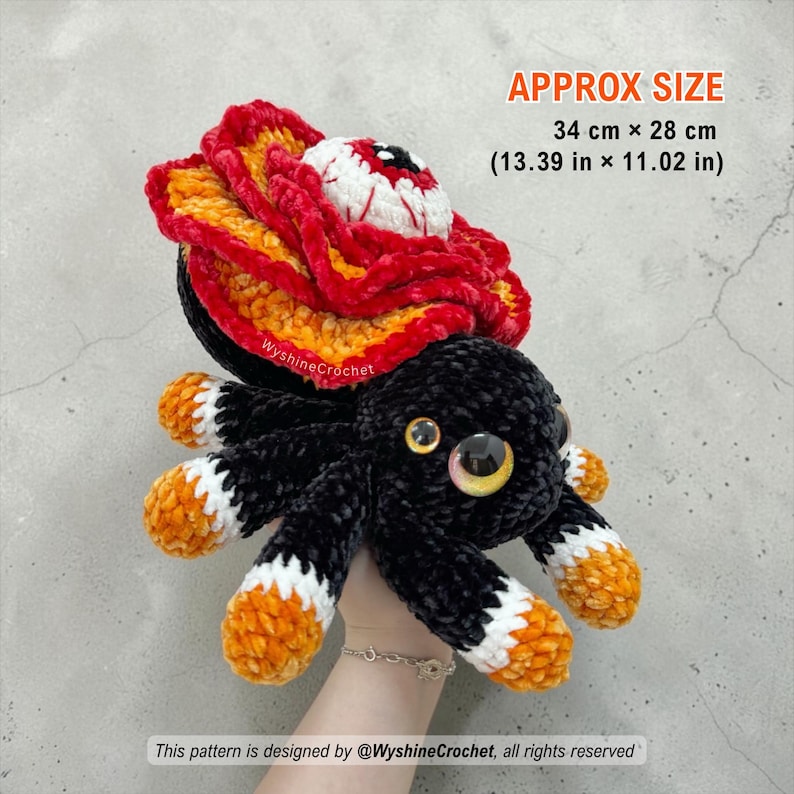 Rose Eye Spider Crochet Pattern size reference, finished amigurumi plushie approximately 34 cm by 28 cm