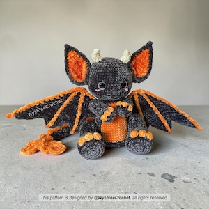 Cozy fall crochet pattern for a spooky cute bat dragon plushie, Halloween decoration, fantasy gift, and crochet market prep
