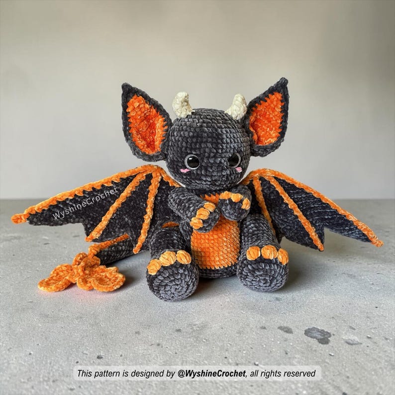 Cozy fall crochet pattern for a spooky cute bat dragon plushie, Halloween decoration, fantasy gift, and crochet market prep