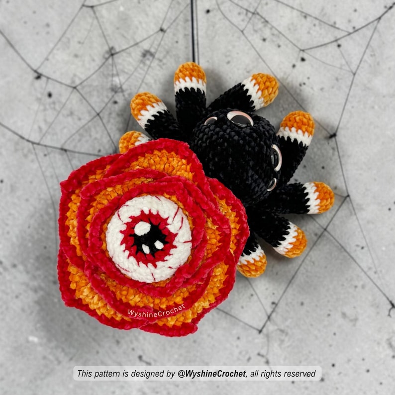 Easy to follow Halloween amigurumi spider pattern PDF with step by step photo instructions for rose petals, eye details, and legs