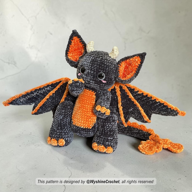 Easy to follow Bat Dragon Crochet Pattern PDF with detailed step by step instructions and many photos for amigurumi makers