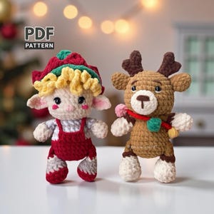 May include: Two crocheted Christmas ornaments: an elf with a red, green, and yellow hat and red overalls, and a reindeer with brown antlers and a red scarf. The text "PDF PATTERN" is in the upper left corner.
