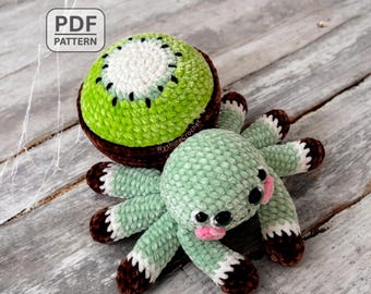 Wzór szydełkowy na słodkiego pająka kiwi, wzory amigurumi na pająka owocowego na Halloween, kreatywna i wyjątkowa dekoracja jesienna