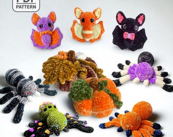 Halloween Crochet Pattern Bundle  9 in 1: Spiders, Bats, Pumpkins Amigurumi For Fall Decor