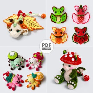Op de afbeelding: Een verzameling gehaakte amigurumi-figuren, waaronder een draak met bladvleugels, fruit-thema vleermuizen, fruit-thema spinnen en een draak met een paddenstoelhoed. De tekst PDF PATTERN en WyshineCrochet zijn zichtbaar op de gehaakte items.