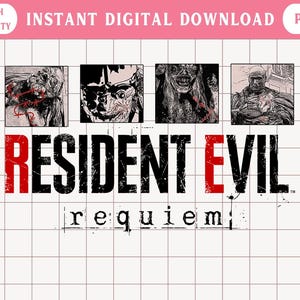 Op de afbeelding: Digitale downloadafbeelding met vier horrorillustraties boven de woorden "RESIDENT EVIL" in zwart en rood, met "requiem" eronder. De achtergrond is een rasterpatroon met de woorden "HIGH QUALITY" en "INSTANT DIGITAL DOWNLOAD" in roze.