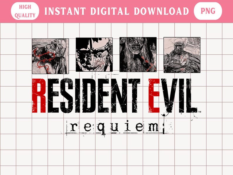 Op de afbeelding: Digitale downloadafbeelding met vier horrorillustraties boven de woorden "RESIDENT EVIL" in zwart en rood, met "requiem" eronder. De achtergrond is een rasterpatroon met de woorden "HIGH QUALITY" en "INSTANT DIGITAL DOWNLOAD" in roze.