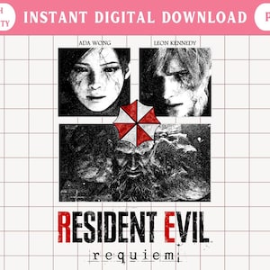 May include: Digital download graphic featuring Ada Wong and Leon Kennedy from Resident Evil. The image includes the Umbrella Corporation logo and the text "Resident Evil Requiem". High quality PNG file.