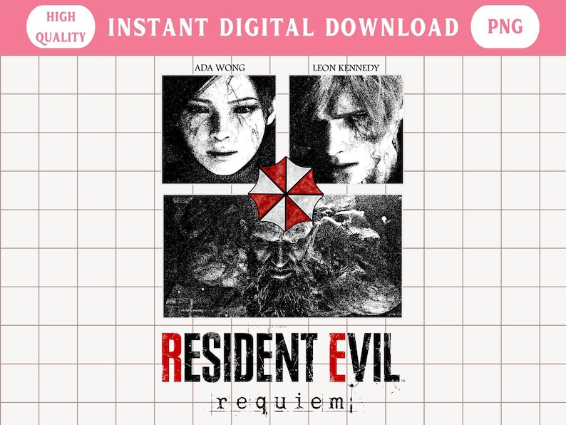 May include: Digital download graphic featuring Ada Wong and Leon Kennedy from Resident Evil. The image includes the Umbrella Corporation logo and the text "Resident Evil Requiem". High quality PNG file.