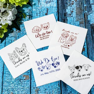 Tovaglioli per matrimonio con nome e foto dell'animale domestico - Tovaglioli commemorativi personalizzati per cani o gatti - 1, 2 o 3 animali domestici personalizzati per il tuo grande giorno