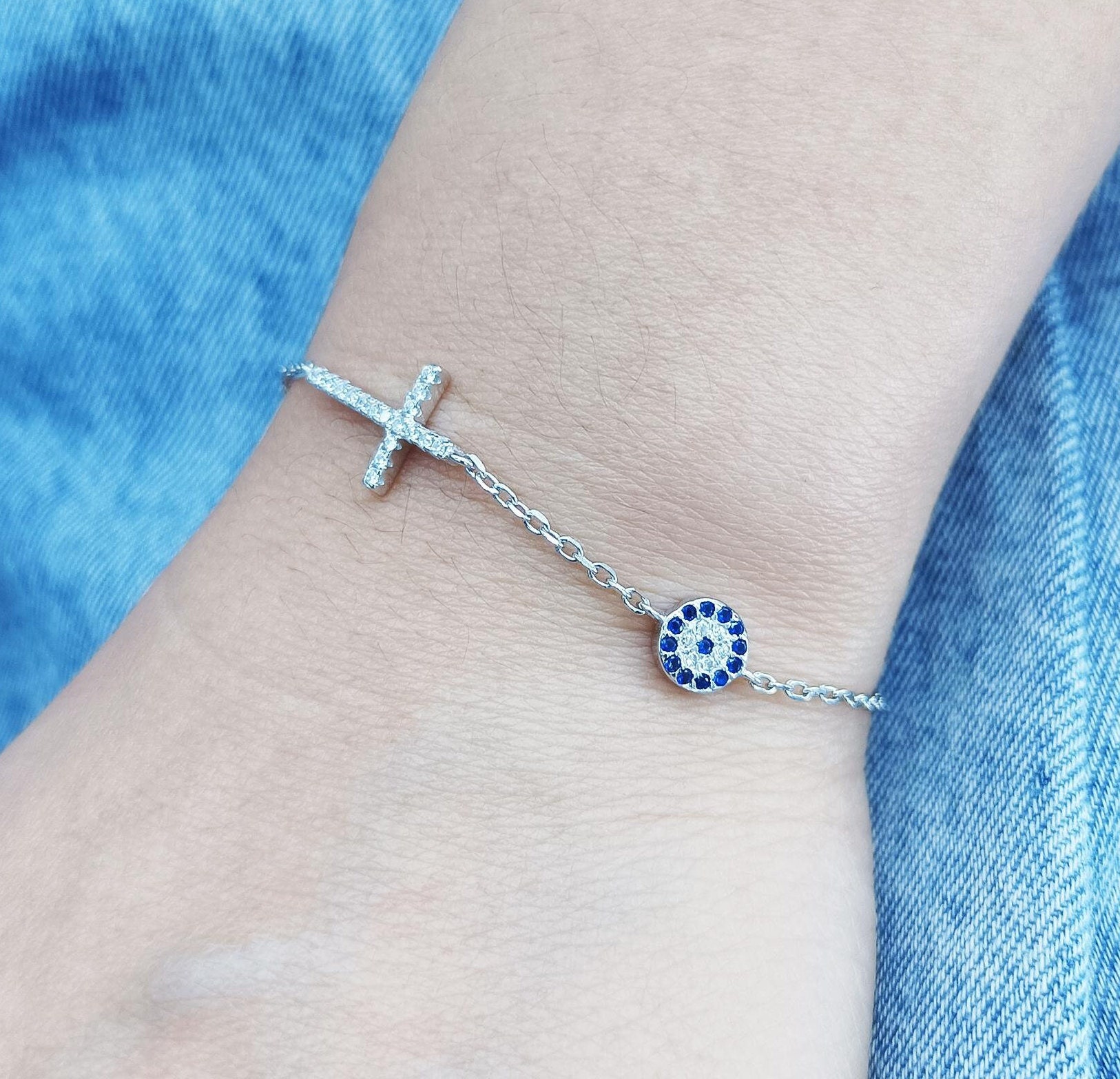 Evil Eye Bracelet With Cross evil Eye Charm evil Eye Dainty
