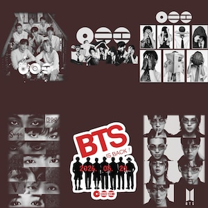 May include: A collection of black and white graphic stickers featuring the K-pop group BTS. The designs include portraits, close-ups of eyes with member names, and a central red and white sticker with the text BTS IS BACK! 2026. 03. 20.