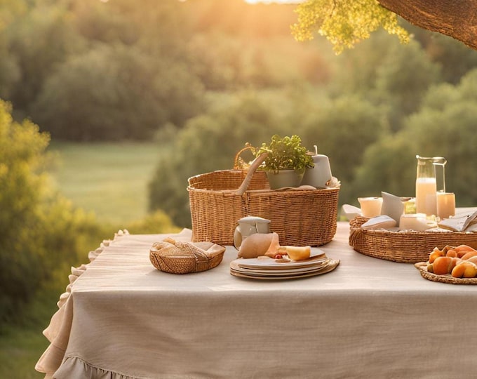 NATURAL Linen Frilled Tablecloth Custom Table Cloth Tablecloths for Wedding, Table Linens, Stonewashed Linen Table cover, linens table cloth