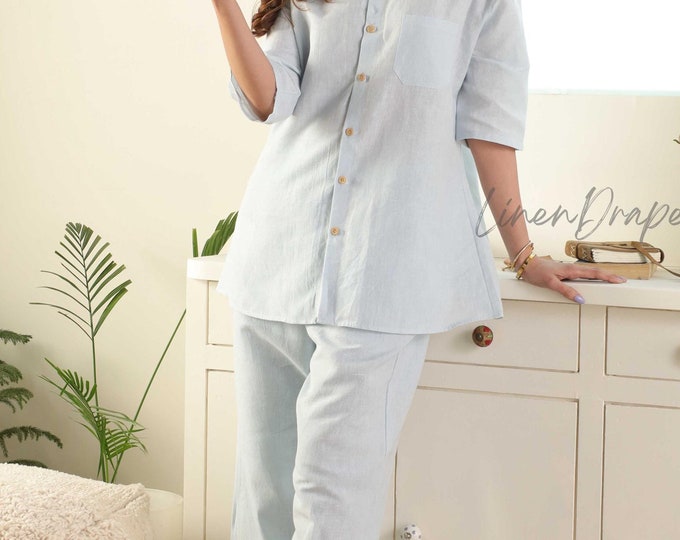 Linen Co-ord Set for Women – Oversized Button-Down Shirt & Wide-Leg Pants | Summer Outfit | Minimalist Linen Clothing | Casual Lounge Wear