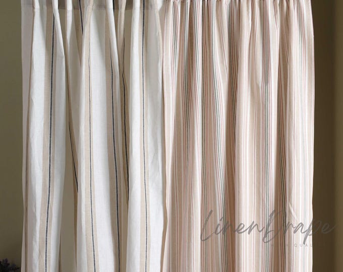 Striped Linen Curtains – Custom Farmhouse Window Drapes in Natural Neutral Tones, Multiple Hanging Styles, Tab Top, Tie Top, Rod Pocket