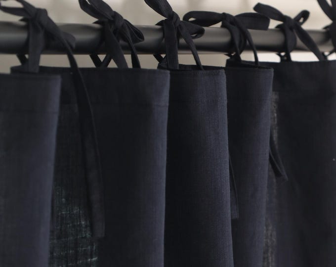 Black Linen Curtains Custom Made Sheer or Semi Sheer Drapes with Rod Pocket Tie Top Tab Top for Farmhouse Boho and Modern Home Decor
